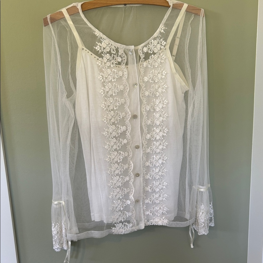 April Cornell 2 piece camo and button down sheer lace special button dressy top